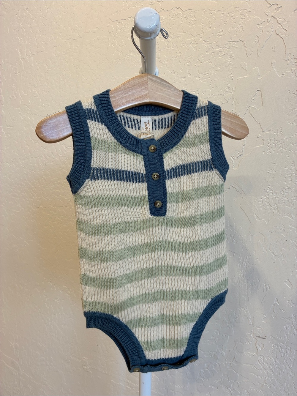Striped Knit Sleeveless Bodysuit in Cream, Sage & Blue Trim